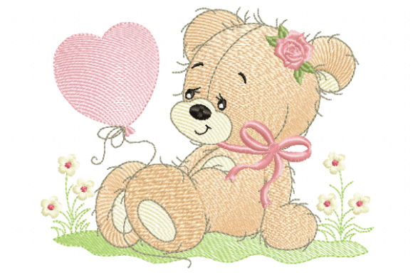 Cute Teddy Bear with Pink Balloon Embroidery